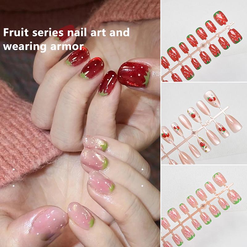 30Pcs Cat Eye False Nails Wearing Armor Wearable Watermelon Strawberry Fake Nails Simple Artificial Press On Nails Tips Nail Art