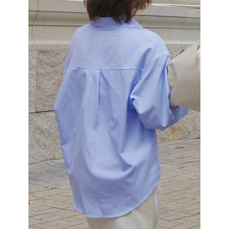 Spring Women Shirt Striped Shirts Long Sleeves Turn Down Collar Single Breasted Slight Strech Loose Blouses