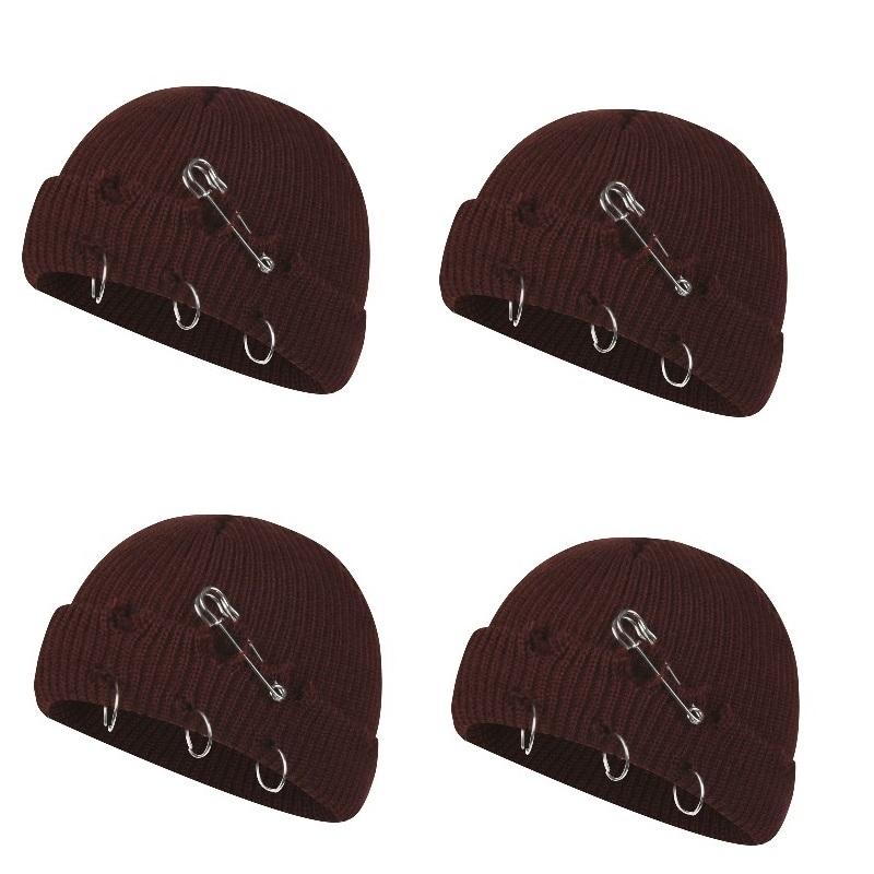 Women Girls Y2k Gothic Beanie Winter Knit Hats Trendy Metal Rings Pin Hip Hop Streetwear Harajuku Skull Cap Emo Scene Grunge
