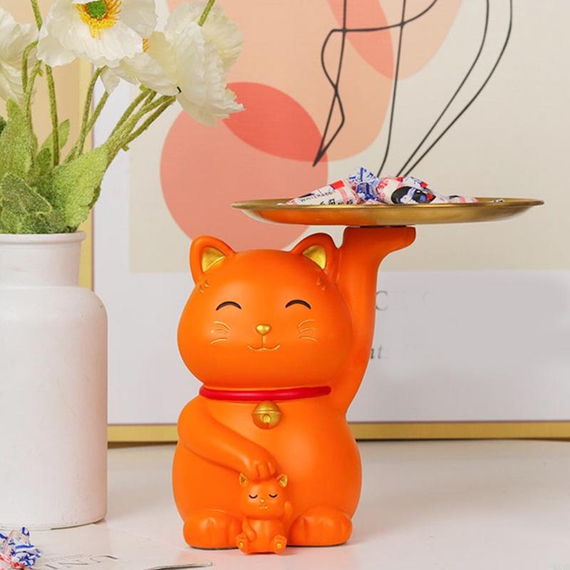 KX4B for Creative Fortune for Cat Statue with Storage for Key Tray Fruit Jewelry Snacks Candy Plate Shelf Resin Animal Figuri