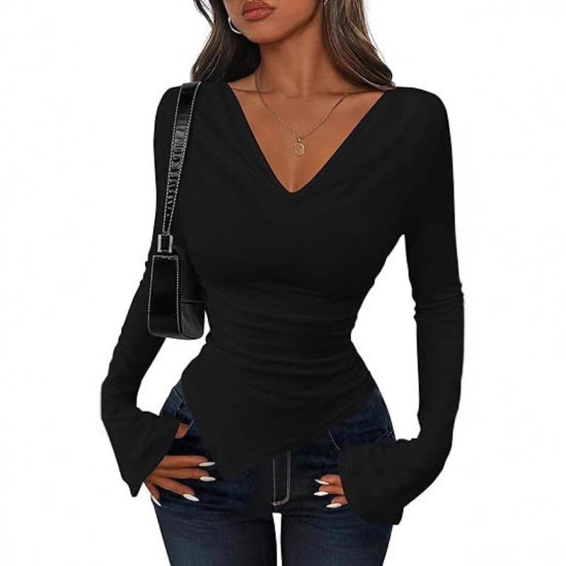 Autumn and Winter Women's Solid Color Long-sleeved Asymmetrical Top T-shirt Fashionable and Comfortable