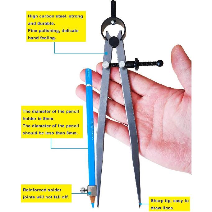 ZLKSKER 8 inch Professional Spring Wing Divider/Scriber with Pencil Holder, All Metal Leather Work, Woodworking Compass