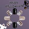 Glänzende Press-on-Nägel, quadratische Nägel, funkelnde schwarze Geister-Halloween-Nagelkunst, Karomuster-Linien-Design, glänzender Glitzer-Klebenägel, Halloween-Falschnägel, komplett