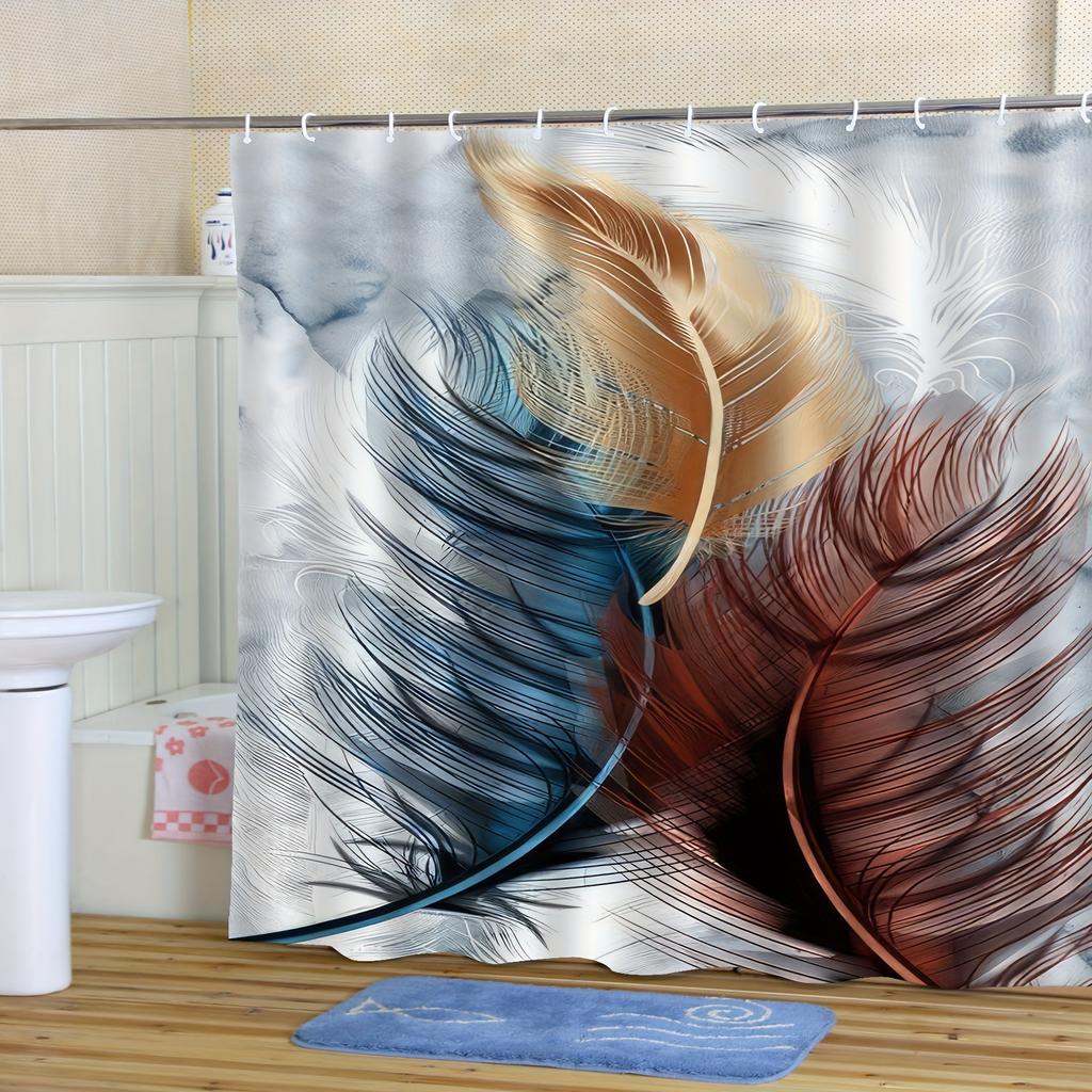 Feather Print Curtain - Modern Art, Polyester, Blue & Orange, Machine Washable, Hooks Included, All-Season Bath Decor