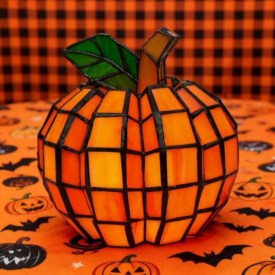 Stained Glass Pumpkin Lantern Handmade Halloween Pumpkin Lamp Starry Night Glass Decor Indoor Fall