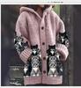 Damen Strickjacke mit Kapuze 3D Tierdruck Einreiher Langarm Mantel mit Taschen