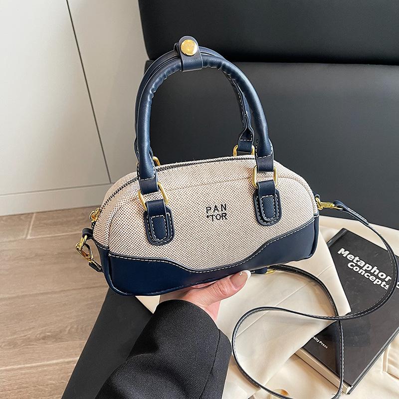 Contrasting Color Retro Small Bowling Bag Niche Design Women's Handbag Simple Commuter Boston Shoulder Pillow Bag