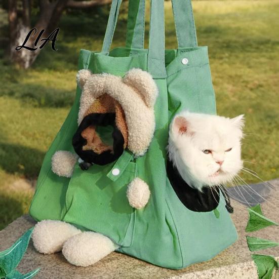 Canvas Cat Carrier Bag Purse, Front & Side Head Hole, Plush Bear Puppy Outdoor Pet Carrying Purse Tote, Portable Shoulder with Safety Buckle for Cats