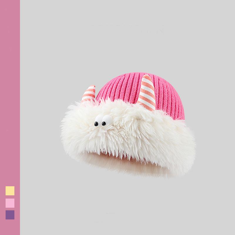 Cute and funny plush knitted hat children keep warm in winter new little monster horn ear protector hat shows small face