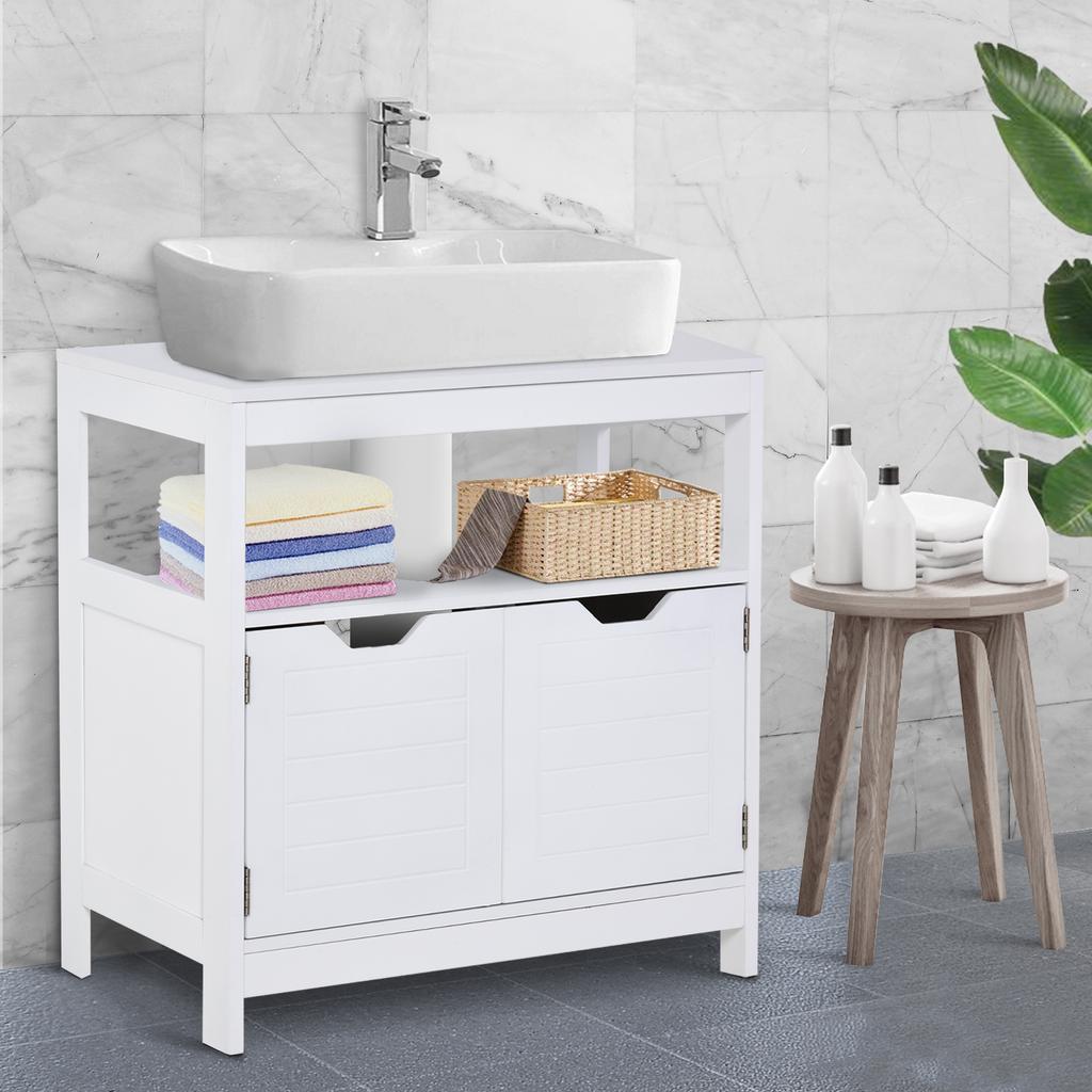 Unterschrank Badezimmerschrank mit Regal 2-türig Aufbewahrung Kippsicherung Feuchtigkeitsbeständig 60x30x60 cm Weiß
