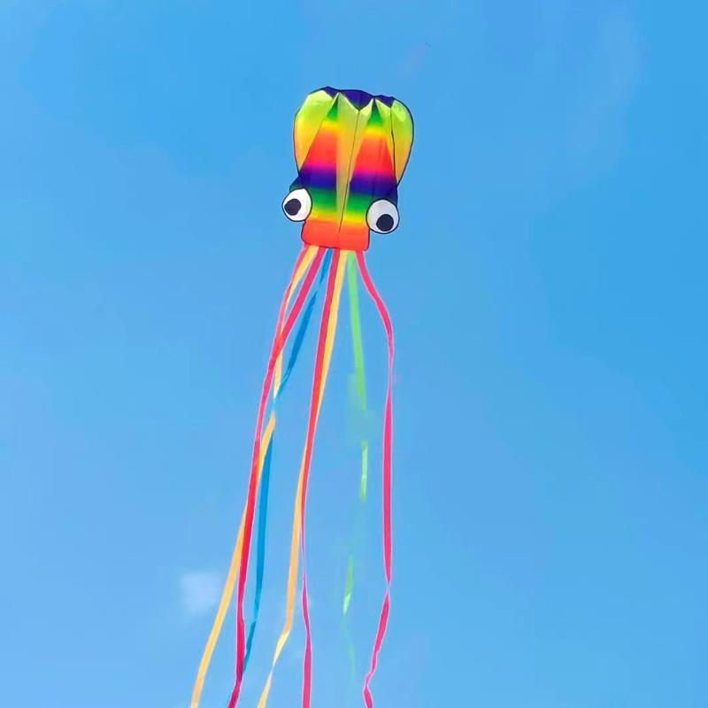 1 Juego de Cometas Blandas Gigantes Para Adultos Juguetes de Exterior Cometa Blanda 3D de Pulpo Gigante de 4 m de Color Arcoíris con Línea de Neumático de 100 m