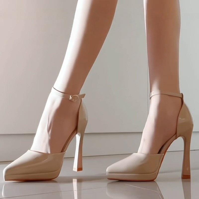 Nude waterproof table high heels female beauty 2025 summer new thick heel pointed sexy temperament word with sandals