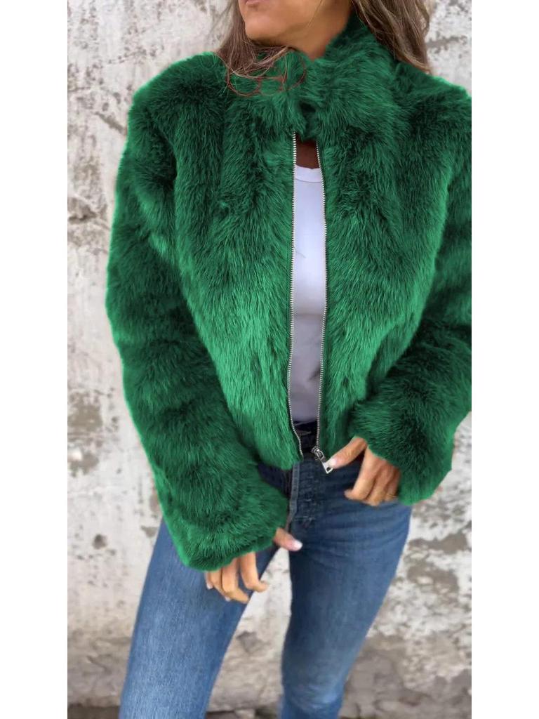 Women's Faux Fur High Neck Zipper Casual Jacket - Autumn/Winter Collection