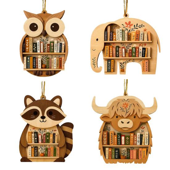 Wooden Bookshelf Ornament Animal Shaped Bookshelf Christmas Ornament Owl/Highland Cow/Elephant Figurine Bookish Gifts for Book Lovers Readers