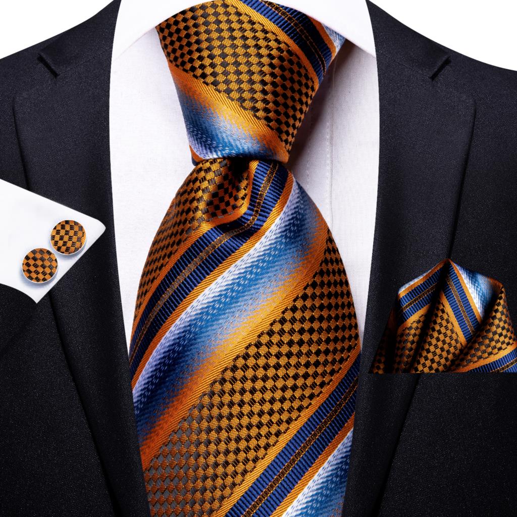 Hi-Tie Navy Blue Striped Silk Wedding Tie For Men Fashion Design Gift Men Necktie Hanky Cufflink Set Business Party Dropshiping