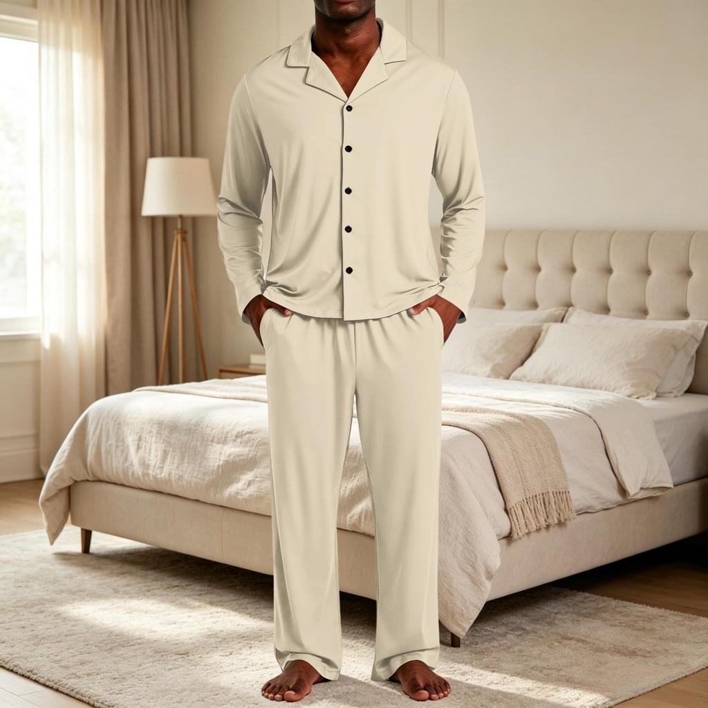 Herren-Pyjama-Set mit Reversknopfleiste und gerader Hose - Farbe Lockere Passform Nachtwäsche