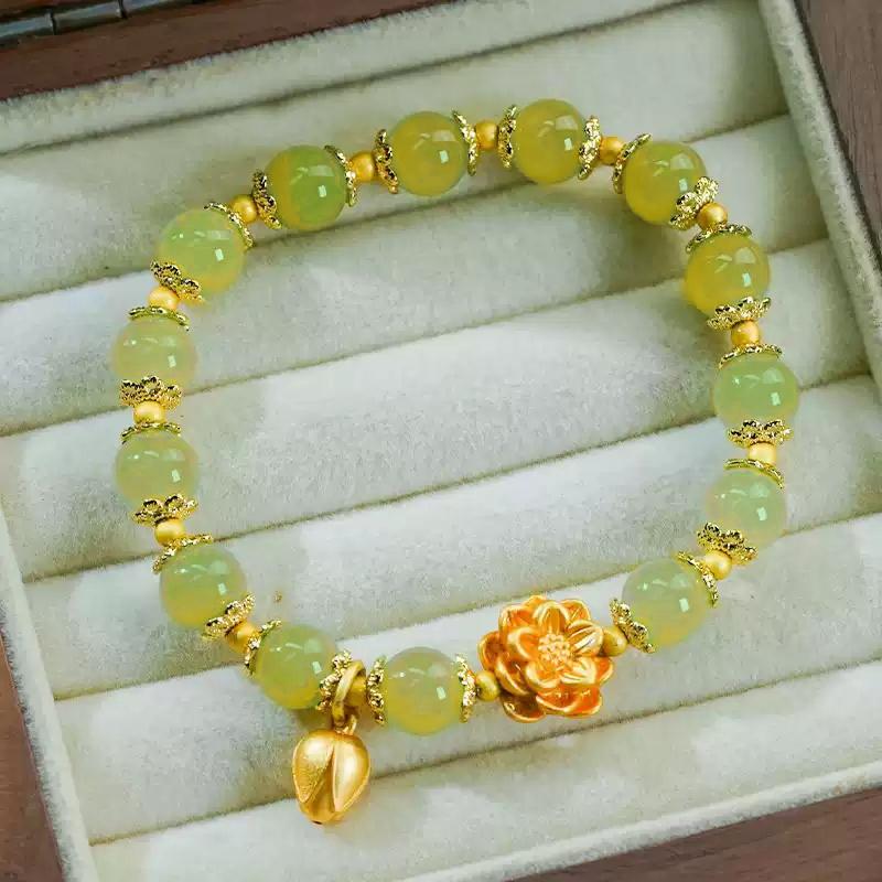 

Jade Beaded Bracelet With Gold Lotus Charm - Green Jade Stone Bracelet, Elegant Flower Pendant Jewelry For Women