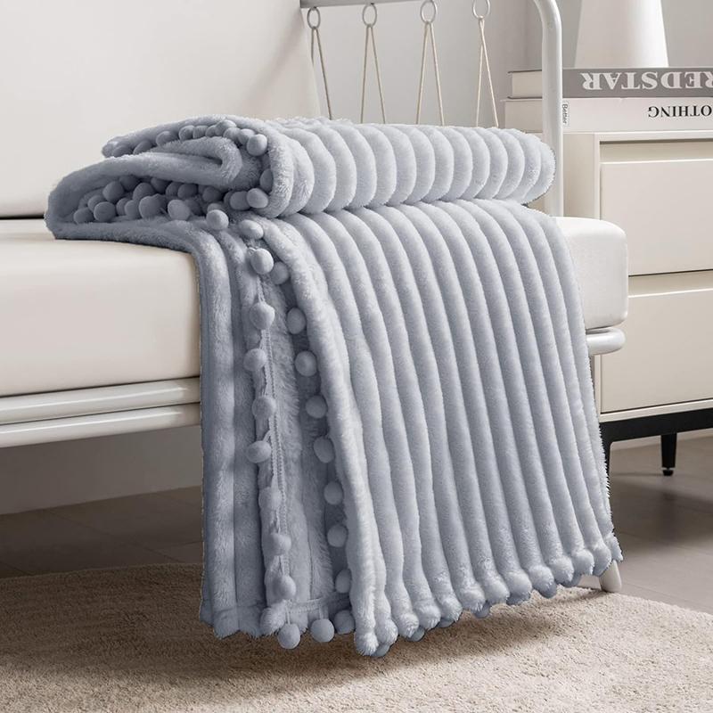 Fleece Throw Blanket Couch with Pom Pom Fringe Soft Cozy Fuzzy Flannel Blankets for Sofa Bed Large Lightweight Plush All Seasons