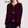 Womens Winter Solid Color Loose Fit Crew Neck Knit Cardigan Coat Streetwear