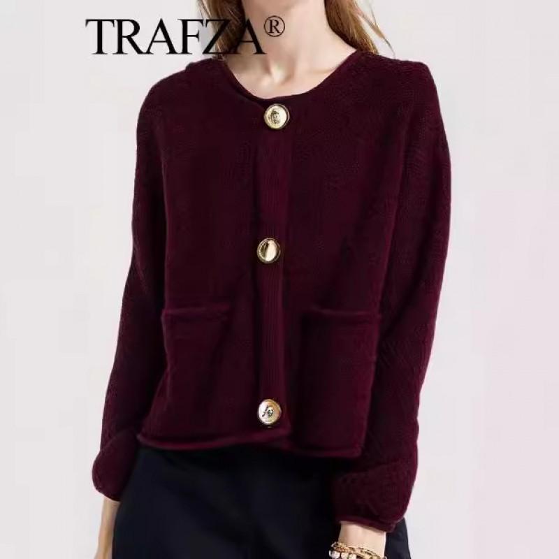 Womens Winter Solid Color Loose Fit Crew Neck Knit Cardigan Coat Streetwear
