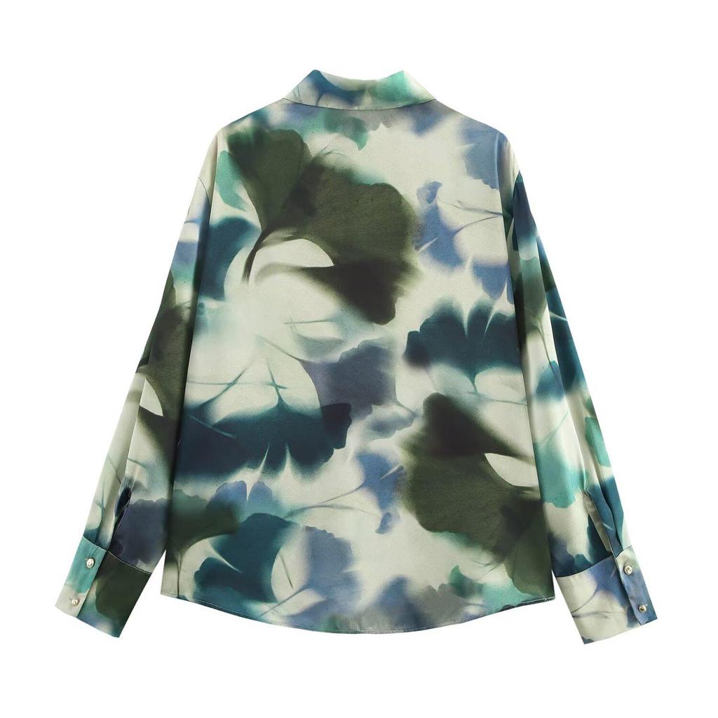2025 Spring Women's Retro Print Silk Satin Lapel Shirt