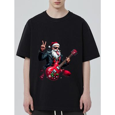 Świąteczny Rockowy Mikołaj Koszulka Czarny Mikołaj z Gitarą i Nadrukiem Znaku Pokoju na Imprezę Świąteczną i Uroczystości