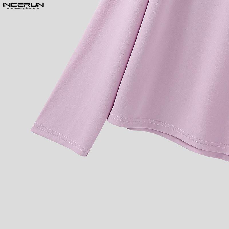 INCERUN Oversized Men Lapel Neck Long Sleeve Solid Loose Casual T-Shirts Tops