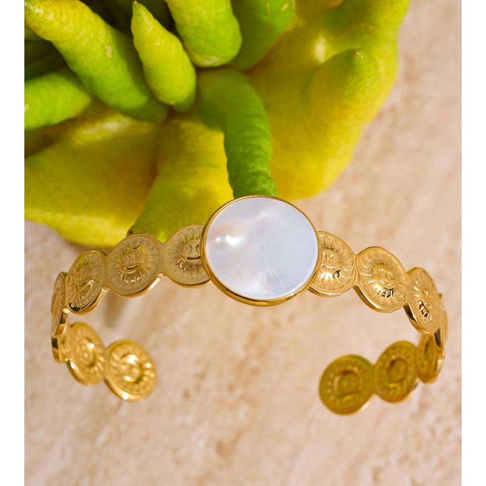 Eetit 64mm Popular Stainless Steel Round Shell Sun Cuff Bracelet Bangle Tarnish Resistant Metal Golden Attractive Jewelry