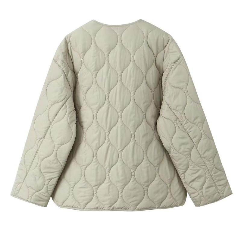 Womens Winter Warm Cotton Padded Jacket Loose Fit Round Neck Zipper Front With Large Pockets