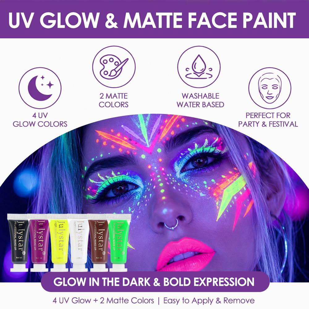6er Halloween Gesichts- und Körpermalcreme Set, Leuchtendes Neon Fluoreszierendes Make-up, Langanhaltende Wasserdichte Kosmetik für Skelett Clown Cosplay Festival Rave