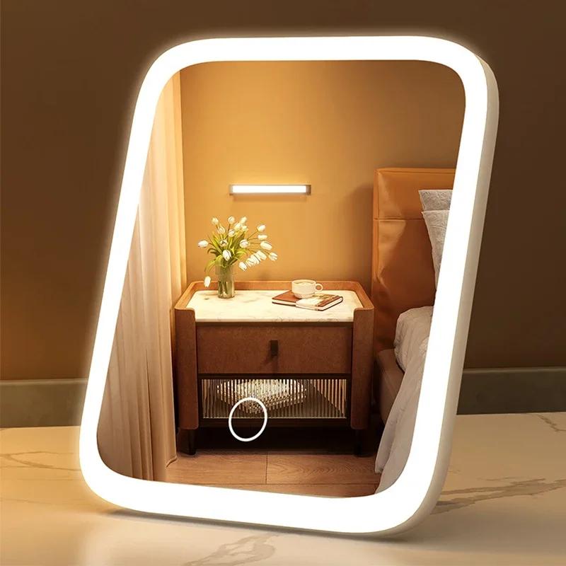 LED Student Dormitory Desktop 3 Color Fill Light Small Mirror, Makeup Mirror With Light, Bedroom Dressing Table Mirror