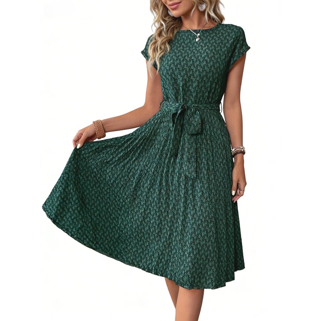 Womens Casual Midi Dress Short Sleeve Round Neck Tie Waist Printed A Line Dress for Daily Wear Work and Outdoor