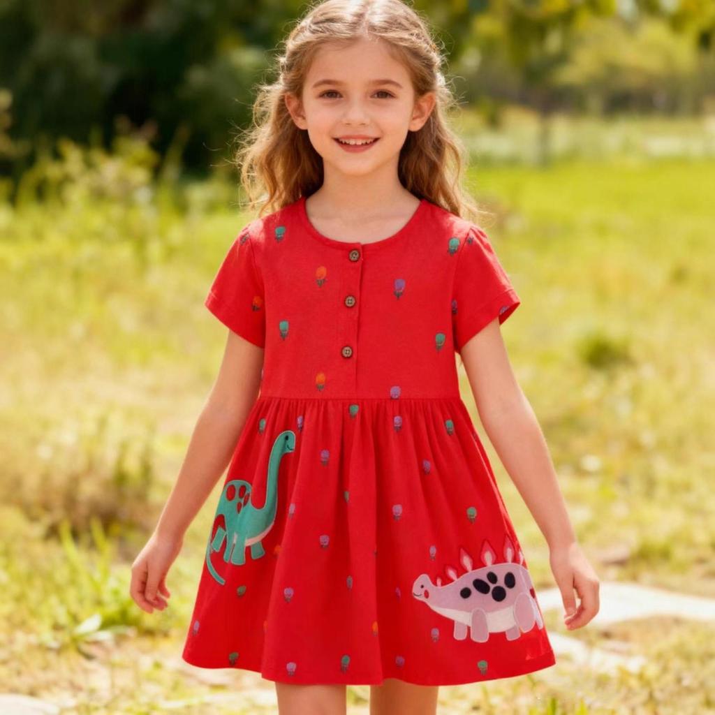 2026 Spring/Summer Girls' Cute Embroidered Short-Sleeve Knit Cotton Princess Dress