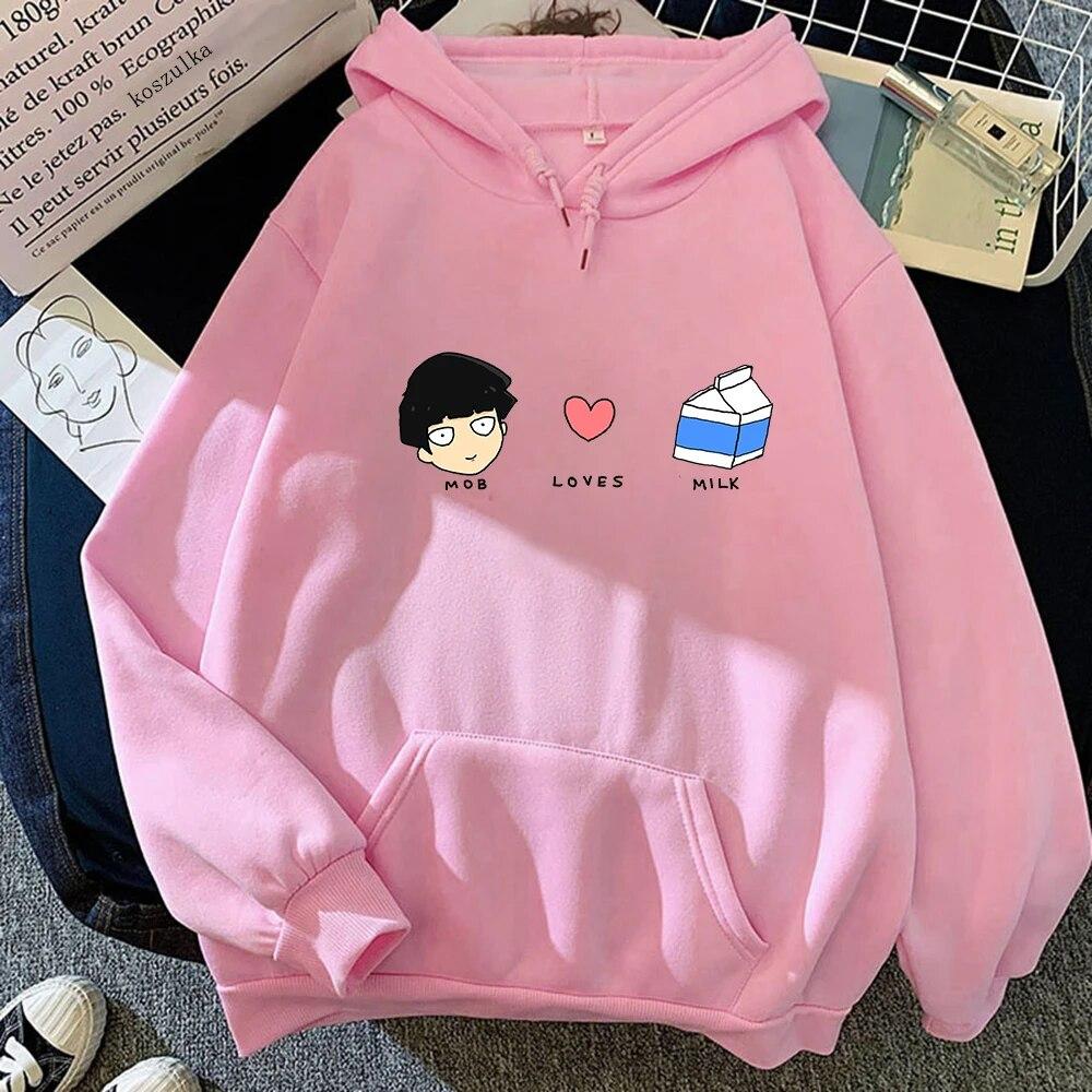 Anime Mob Psycho 100 Mob Loves Milk Hoodies Winter Unisex/women Tops Crew Neck Hoodie Autumn Sweatshirt Vintage Harajuku Sudaderas