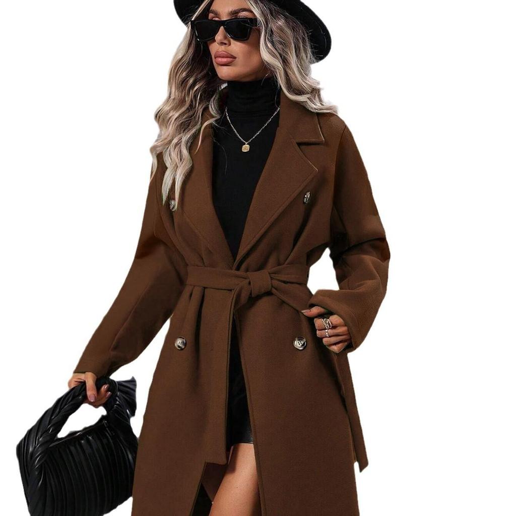 Women's Long Trench Coat with Double-Breasted Design and Belt