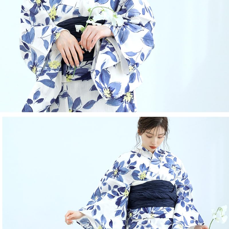 (Dita) Women's Yukata 5-Piece Set: Heiko Obi (Sash), Blue, White, Navy, Watercolor Pattern, Simple, Elegant, Easy To Wear by One Person (1. Kisaragi