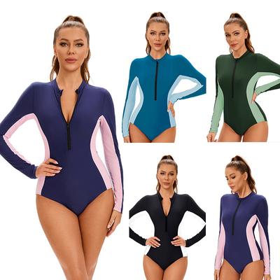 Damen Colorblock Langarm Einteiler mit Frontreißverschluss - Dehnbarer Nylon Badeanzug für Strand, Surfen und Wassersport