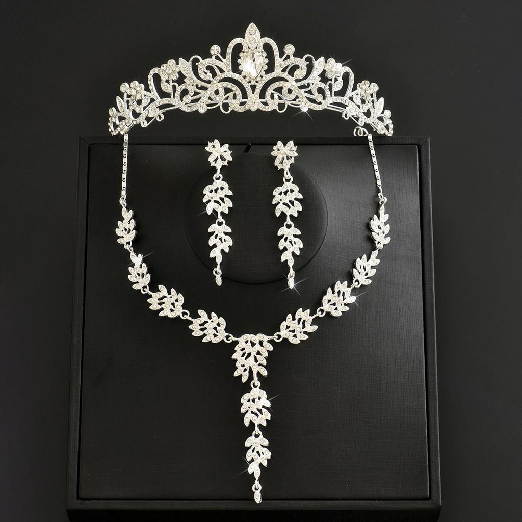 Damen modisches Design, Blatt-Halskette, Ohrringe, Zirkon-Set mit Krone, Hochzeitsfeier, Weihnachtsgeschenk