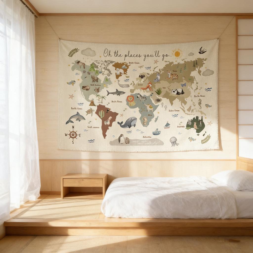 Süße Tier-Weltkarte Wandteppich 2D Buntes Wandbanner Pädagogische Dekoration für Schlafzimmer Klassenzimmer Kinderzimmer Party