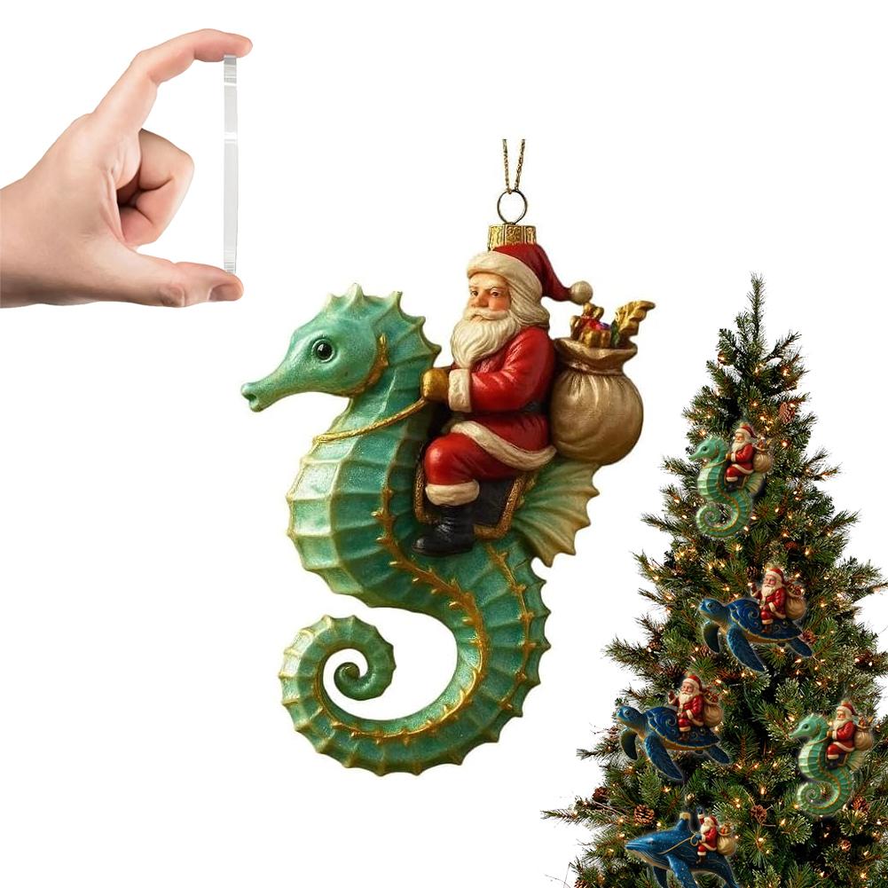 Resin Christmas tree Hanging ornaments Sea Turtle Seahorse Ornaments, Beach Santa Riding Marine Animals Coastal Xmas Tree Decor
