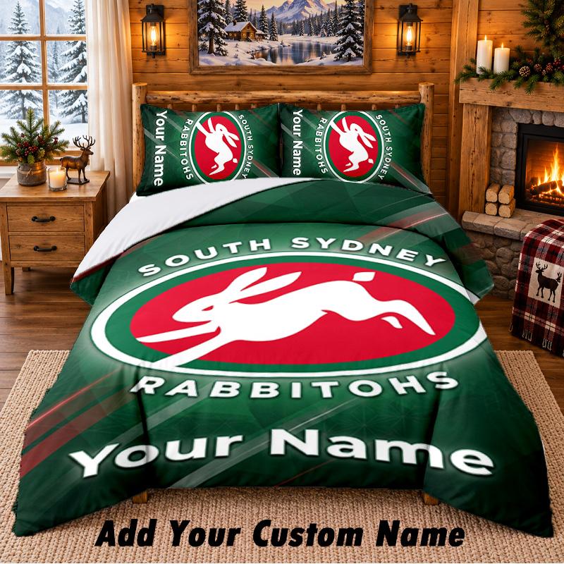 South Sydney Rabbitohs Pattern Bedding 3Pcs Set Custom Name, Bed Sheet And Pillowcases For Home Bedroom