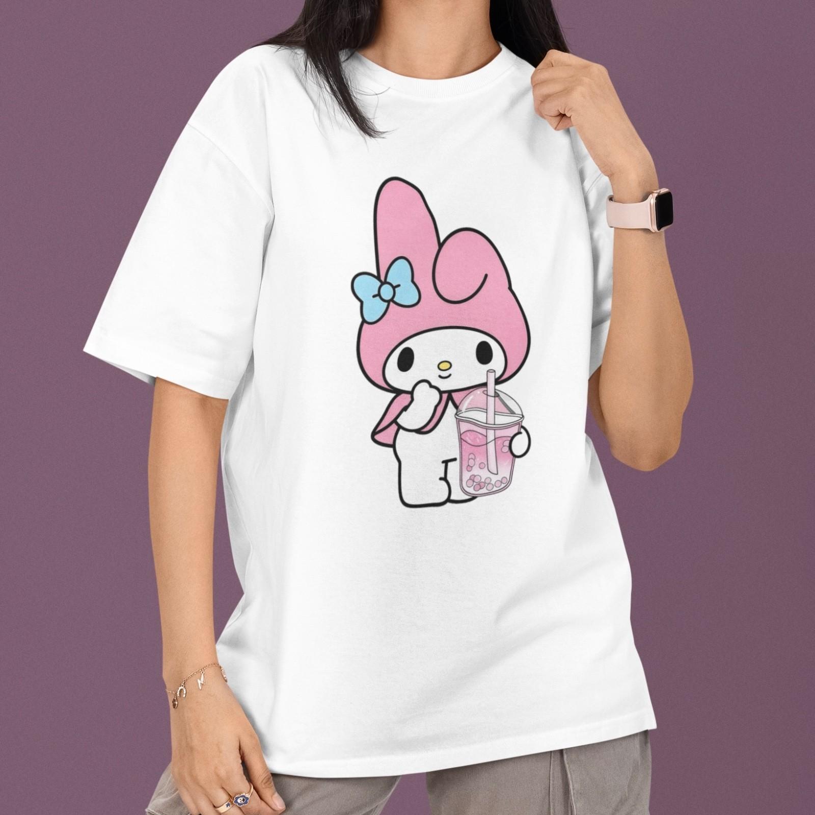 Cute My Melody Drinking Boba T-Shirt Kawaii Cartoon Graphic Tee Harajuku Top XXXXL