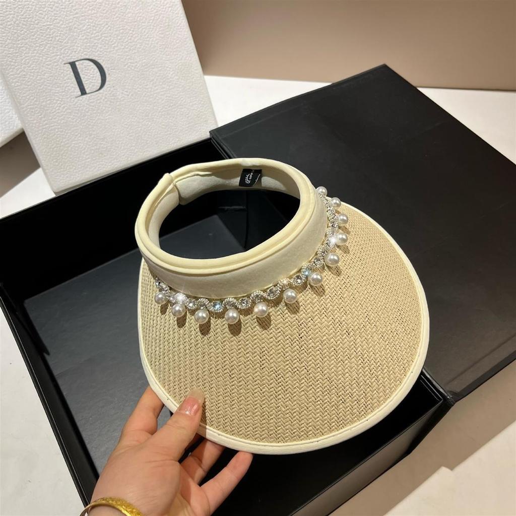 Light Luxury Pearl Rhinestone Empty Top Hat Women's Summer Outdoor Travel Light Big Brim Vinyl Sun Hat