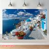 Large Santorini Greece Wall Tapestry Mediterranean Blue Dome Coastal View Artwork Canvas Decor for Living Room Bathroom Bedroom