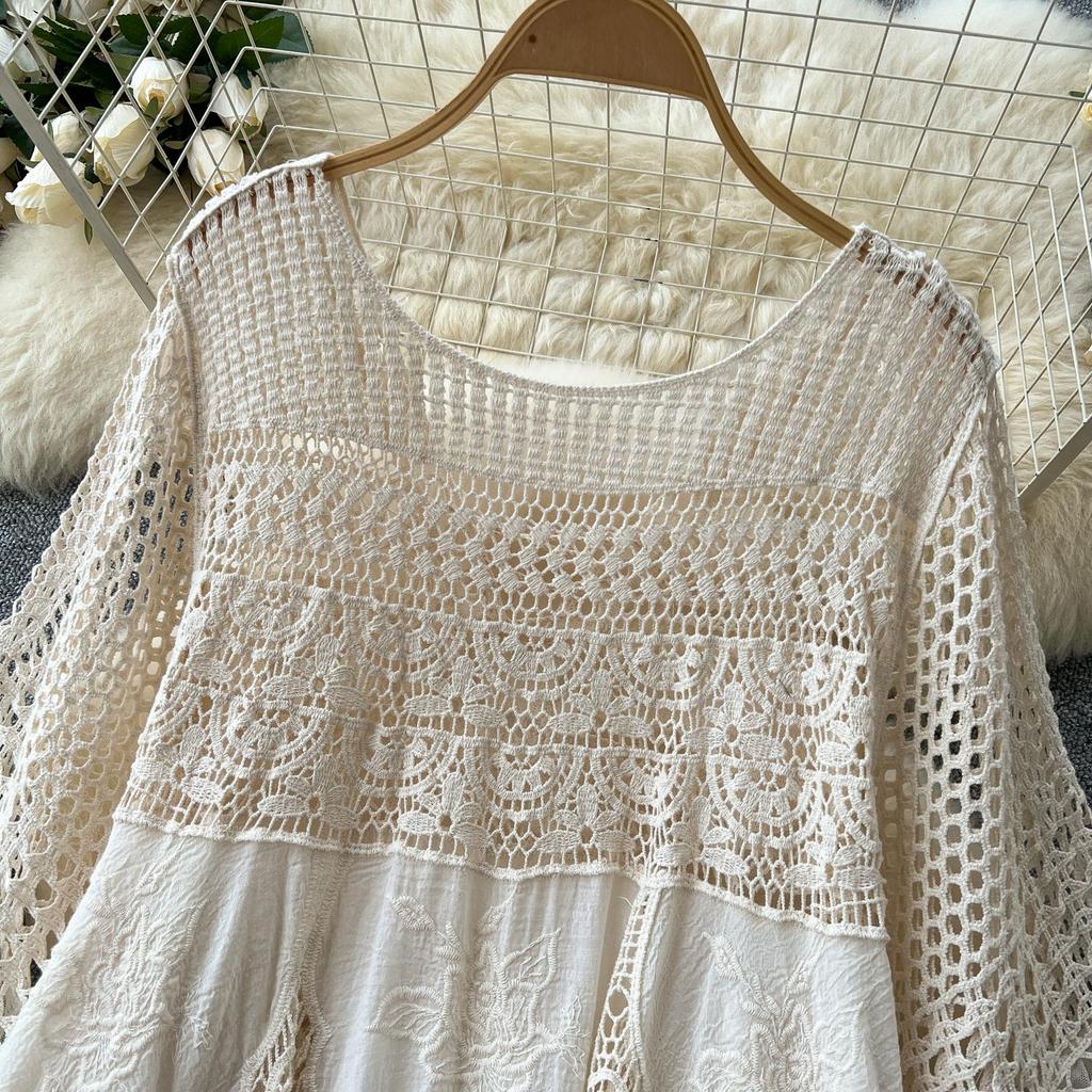 DIMANAF 2026  New Summer Women Long Basic Knitted Dress Sleeve  Fashion Lace Dresses Casual Loose