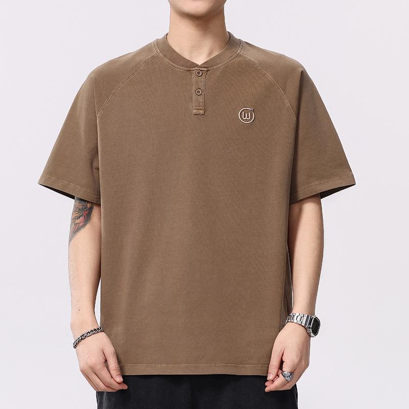 Летняя обновленная тонкая американская классическая футболка с вышивкой на воротнике-хенли с коротким рукавом для мужчин M