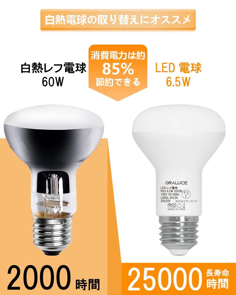 ORALUCE LED Bulbs, E26 Base, Reflector Type, Warm White, 60W Equivalent, 6.5W, 680lm, 3000K, 120-Degree Downward Angle, Non-Dimmable, PSE Compatible,