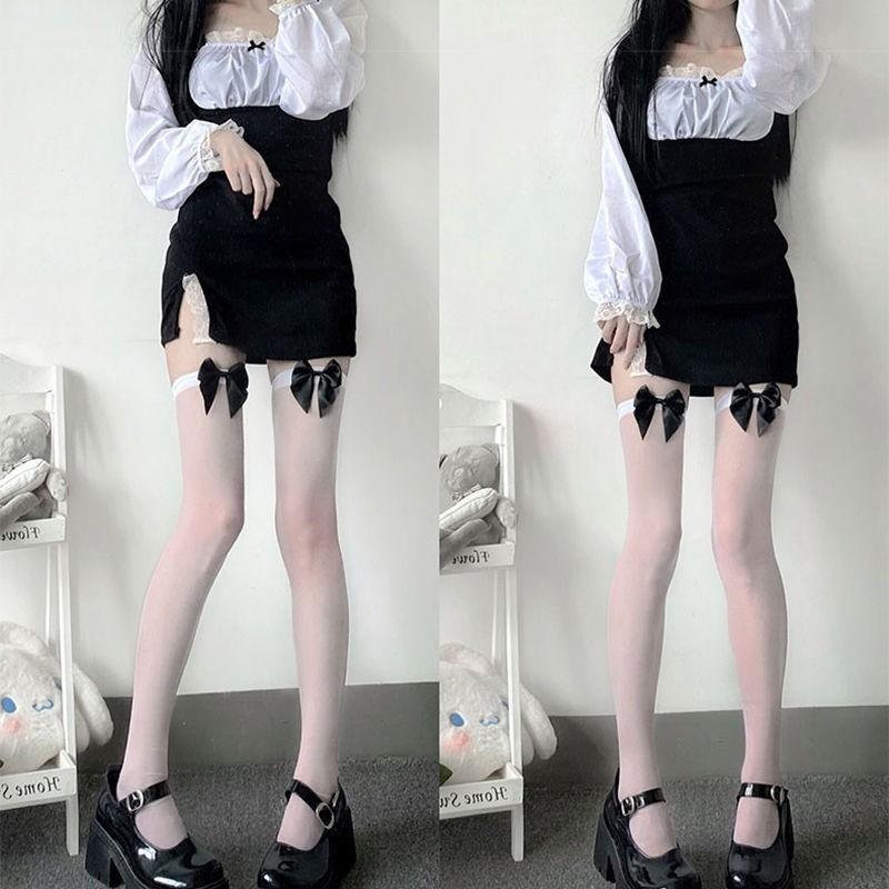 Sweetheart Japanese Bow Long Tube Pure Desire White Silk Lolita Soft Sister Over the Knee JK Thigh Socks Black Silk, Butterfly A8