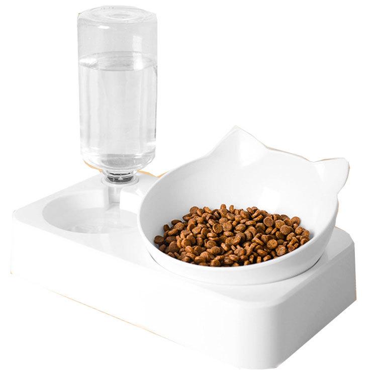 

15-Degree Tilt Cat Bowl Set: Protects Neck, Prevents Black Chin, Includes Double Bowl & Automatic Water Dispenser (White) Small 24*13*20.5CM белый