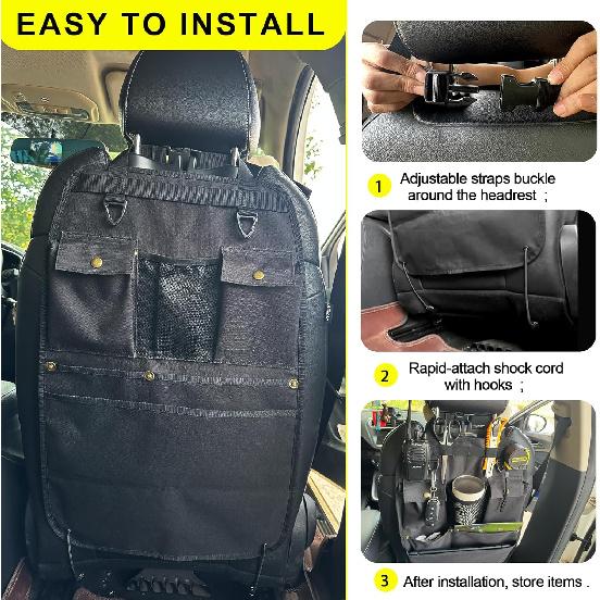 Black Car Seat Back Organizer with Multiple Pockets and Hooks
